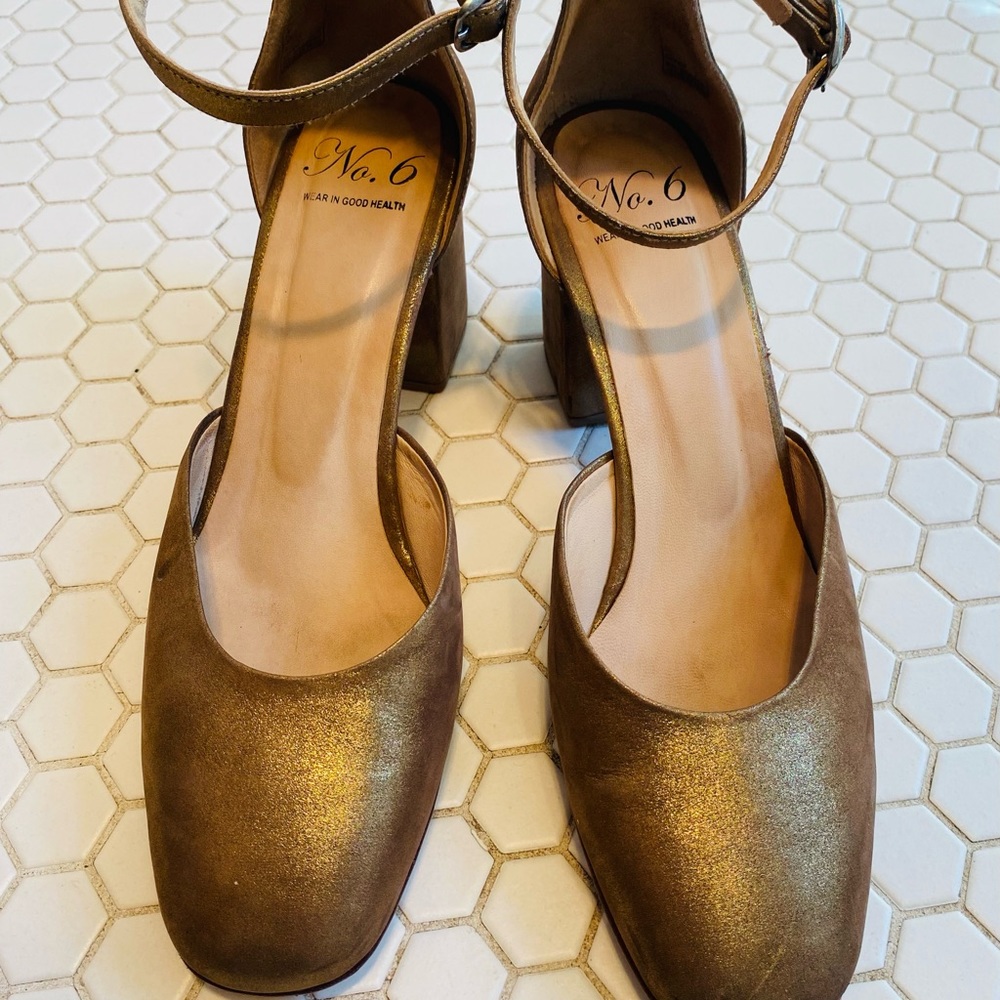 Iconic No.6 brand Cara Ankle Strap gold block heel shoes.